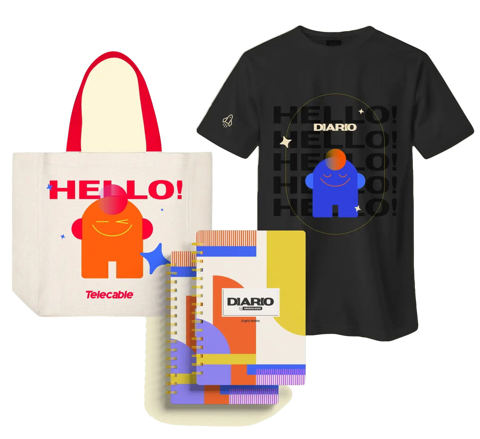 Kit products including tote bag, t-shirt, and notebook